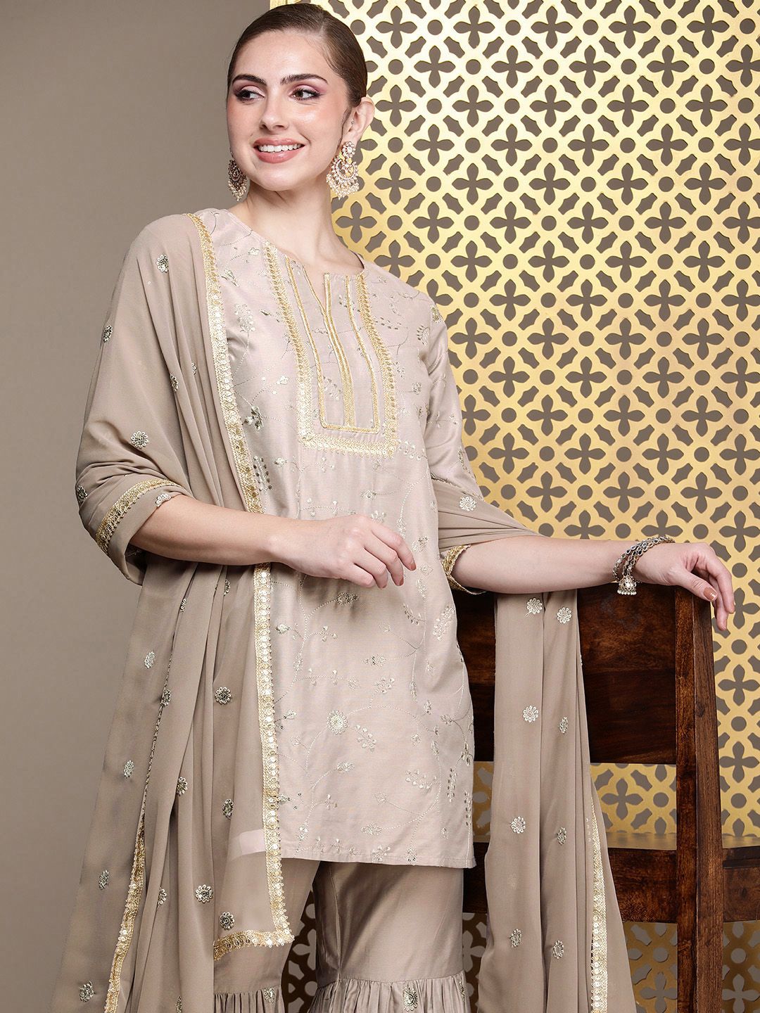 Dhiyona HOP Ethnic Motifs Embroidered Sequinned Jashn Kurta with Sharara & Dupatta