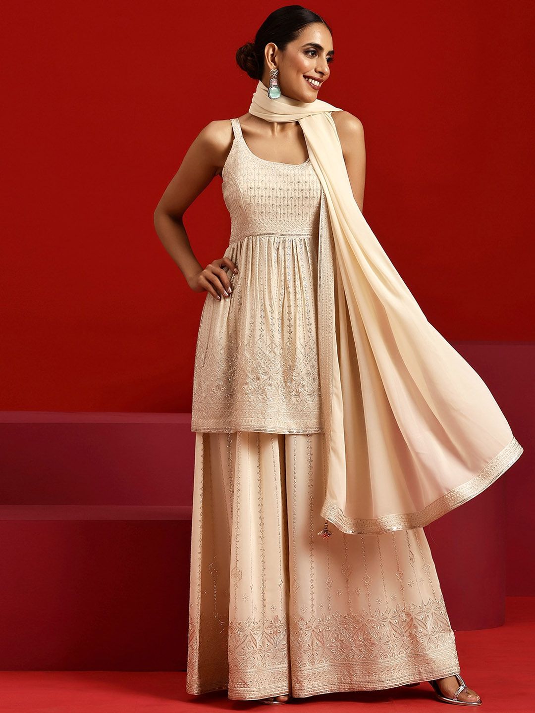 Dhiyona LL Ethnic Motifs Embroidered Sequinned Kurta with Palazzos & Dupatta