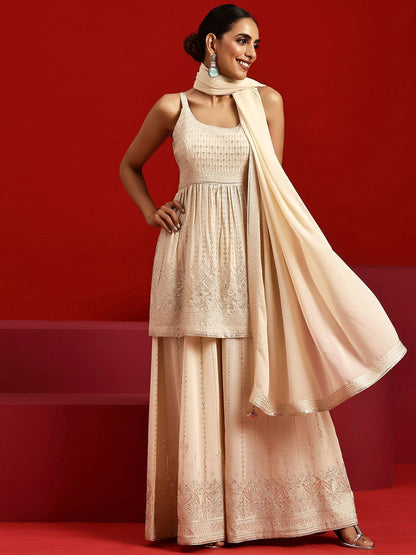 Dhiyona LL Ethnic Motifs Embroidered Sequinned Kurta with Palazzos & Dupatta