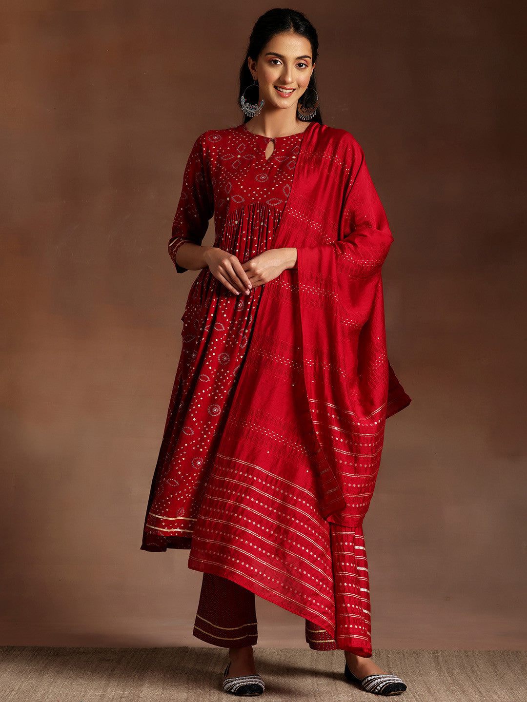 Women Bandhani Printed Pleated Gotta Patti Kurta with Palazzos & With Dupatta