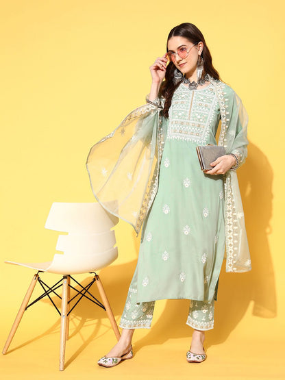 Dhiyona VA Women's Ethnic Motifs Embroidered Thread Work Kurta with Trousers & With Dupatta