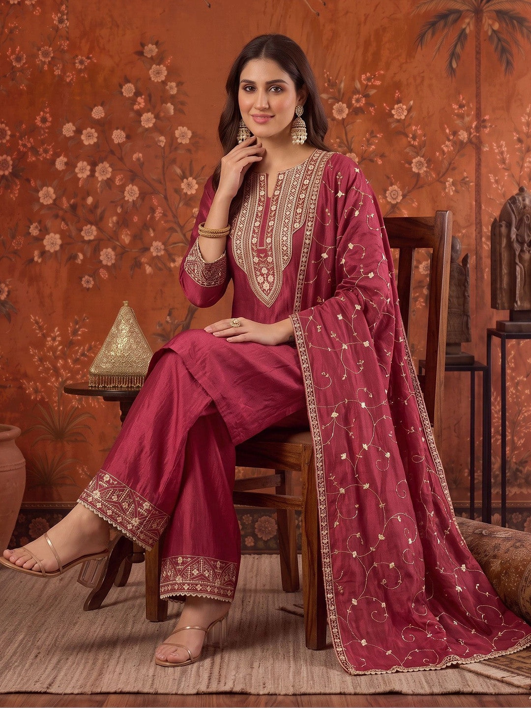 Embroidered Round Neck Kurta & Palazzos With Dupatta