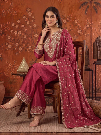Embroidered Round Neck Kurta & Palazzos With Dupatta