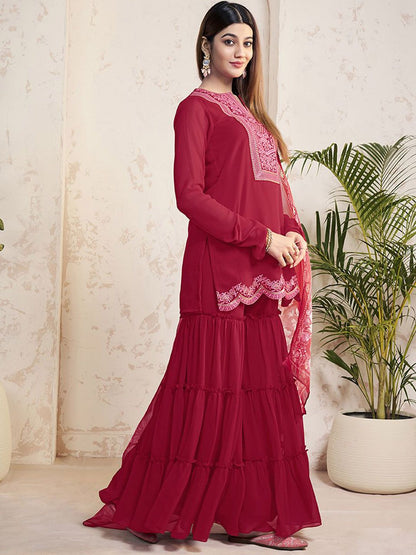 Dhiyona IN Ethnic Motifs Embroidered Sequinned Georgette Straight Kurti With Sharara & Dupatta