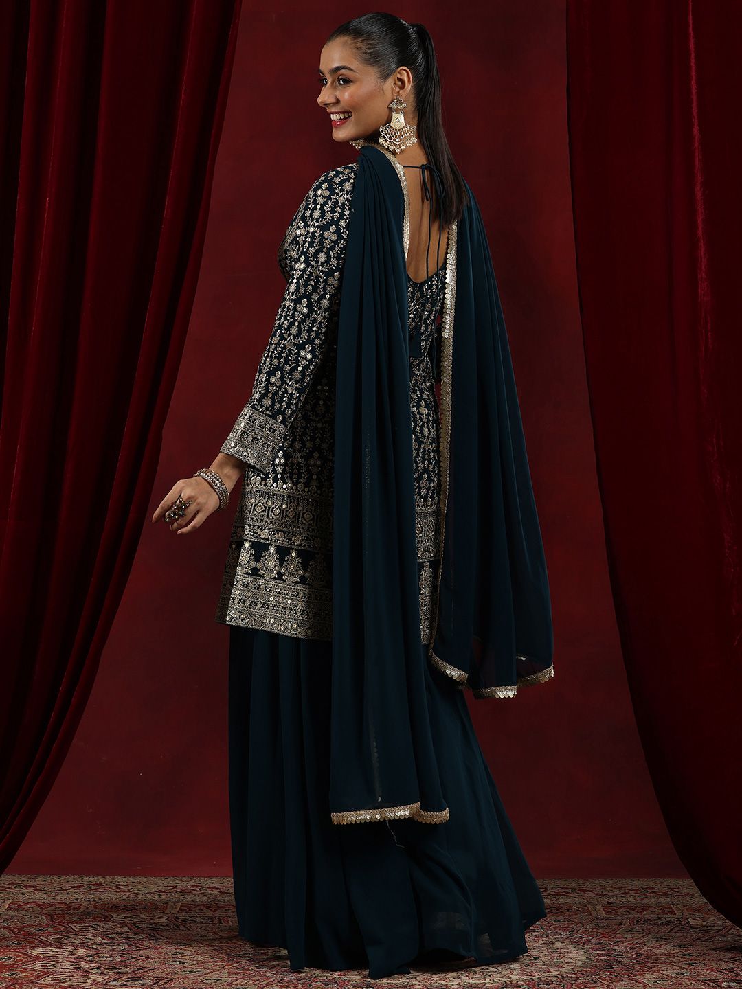 Dhiyona LL Floral Embroidered Sequined Kurta With Palazzos & Dupatta