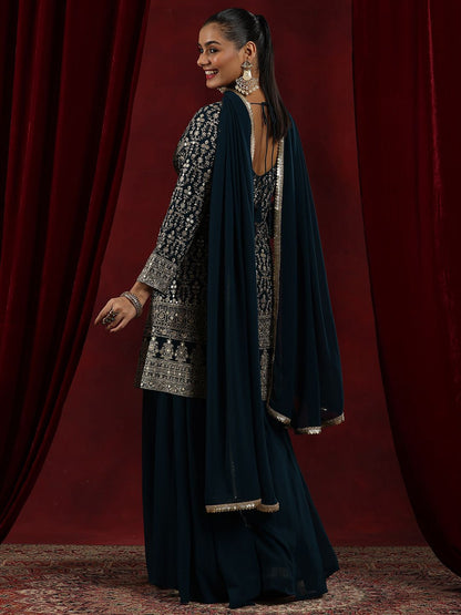 Dhiyona LL Floral Embroidered Sequined Kurta With Palazzos & Dupatta