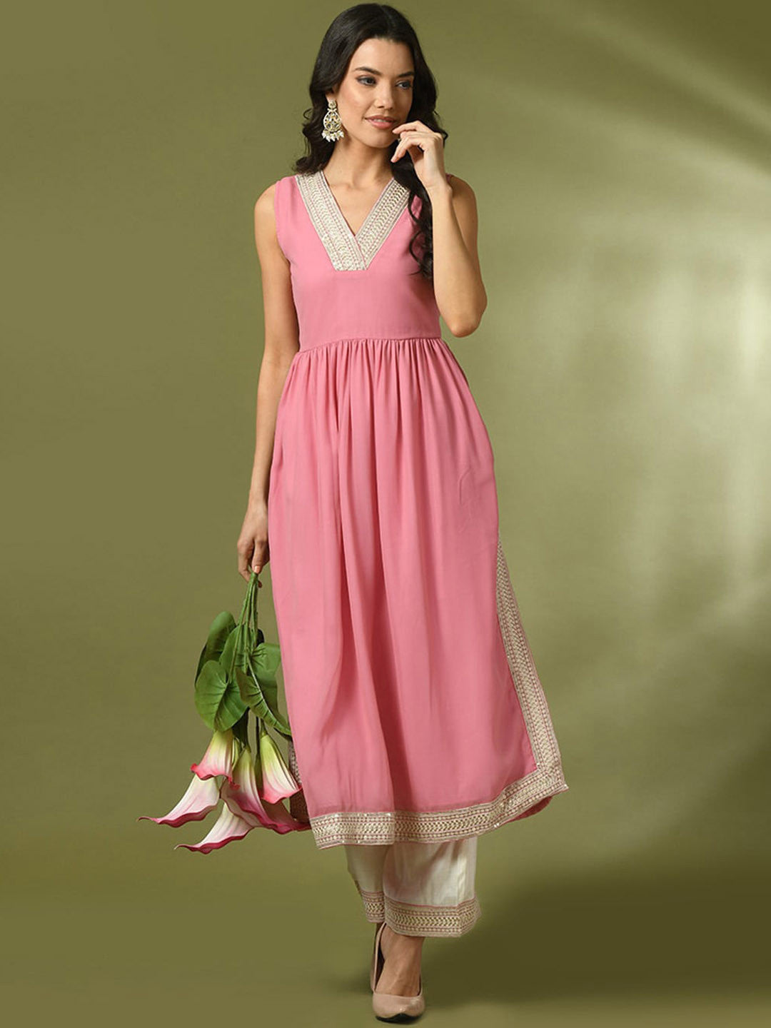 Embroidered Sequined A-Line Kurta With Trousers