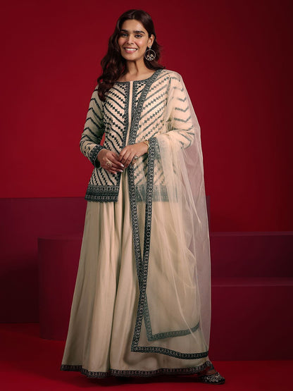 Dhiyona LL Ethnic Motifs Embroidered Straight Kurti With Palazzos & Dupatta