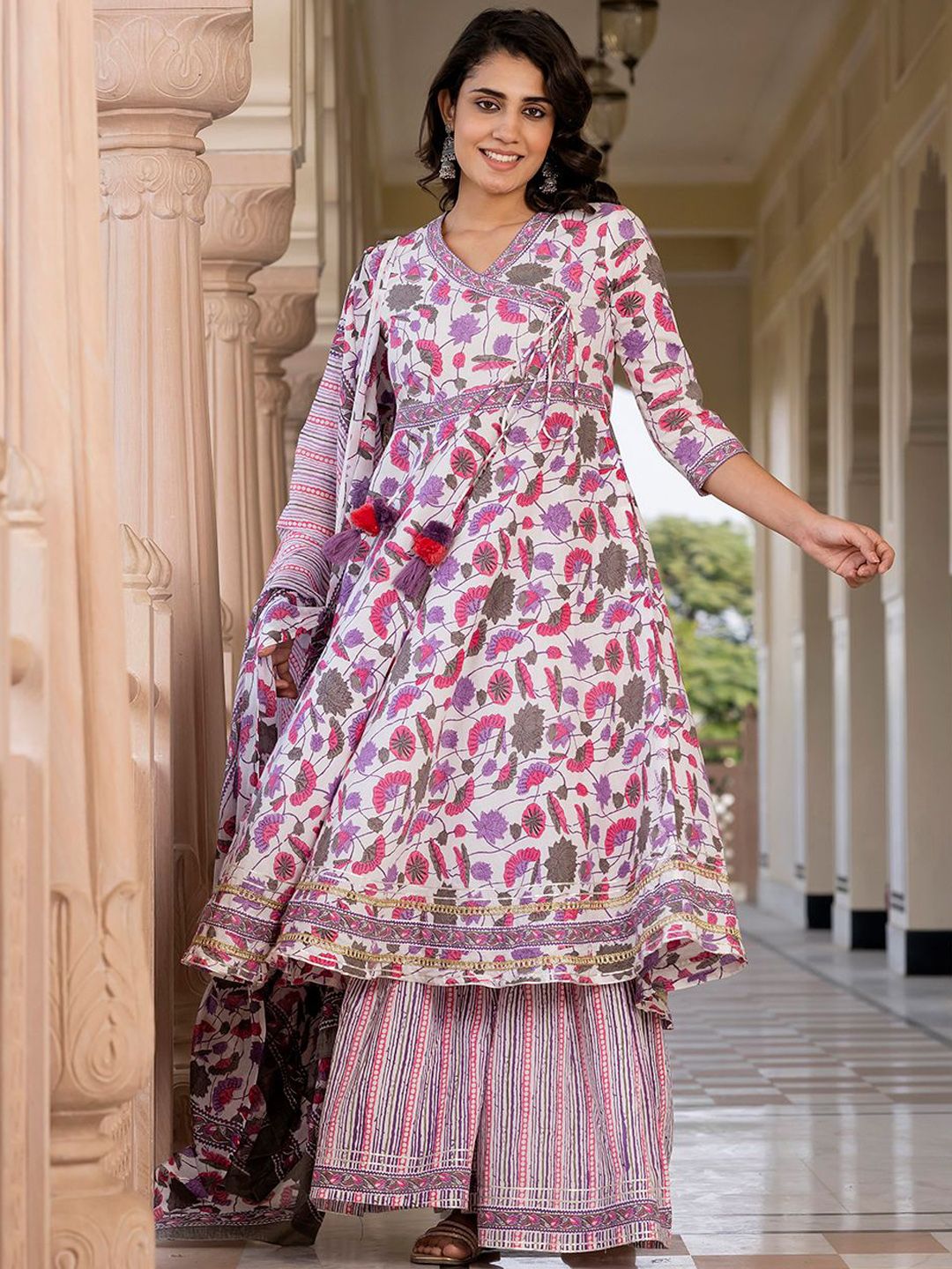 Dhiyona KL Floral Printed Angrakha Pure Cotton A-Line Kurta With Palazzo & Dupatta