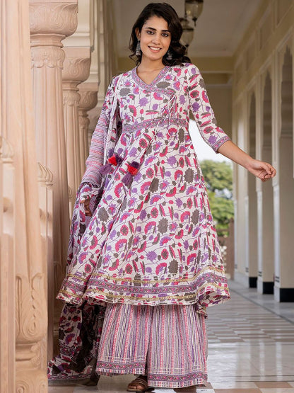 Dhiyona KL Floral Printed Angrakha Pure Cotton A-Line Kurta With Palazzo & Dupatta