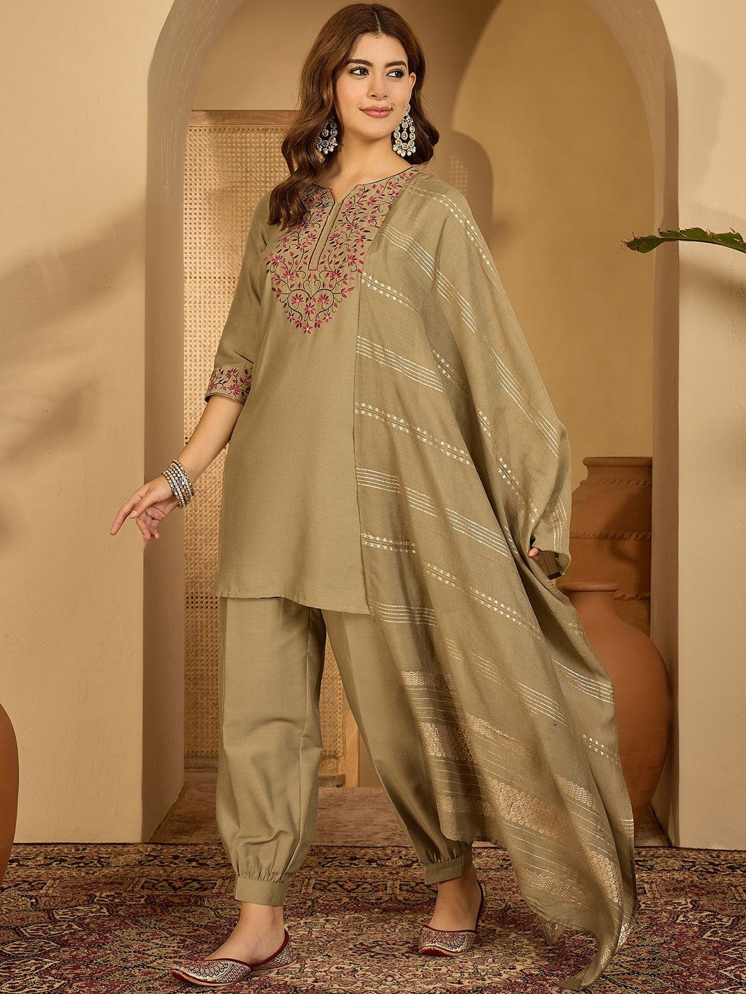 Women Olive Embroidered Kurta Sets With Dupatta