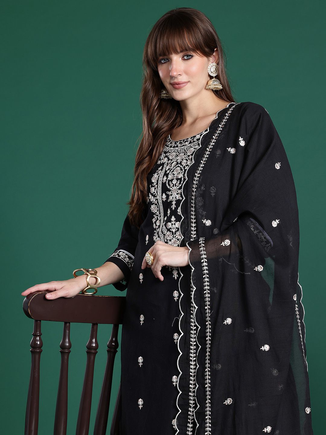 Floral Embroidered Pure Cotton Kurta with Trousers & Dupatta