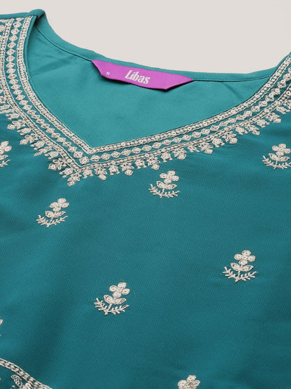Dhiyona LL Floral Embroidered High Slit Sequinned Kurta with Palazzos & Dupatta
