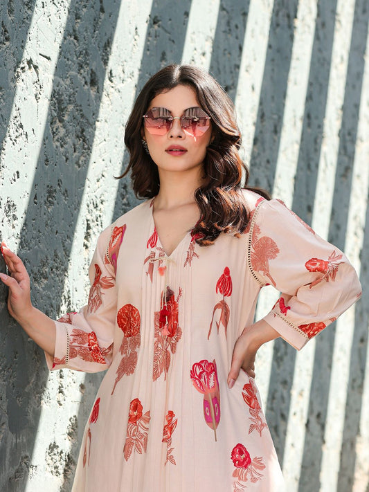 Dhiyona IE Printed Pure Cotton V-Neck Tunic With Trousers Co-Ords