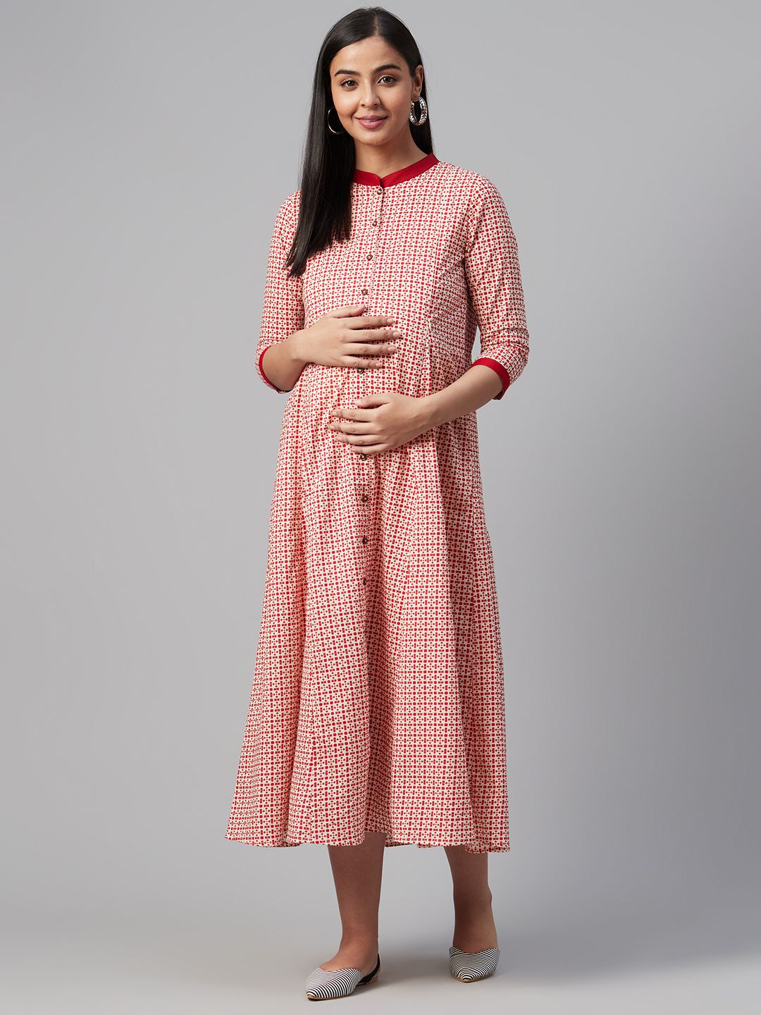 Dhiyona AY Women's White & Red Printed Maternity A-Line Dress
