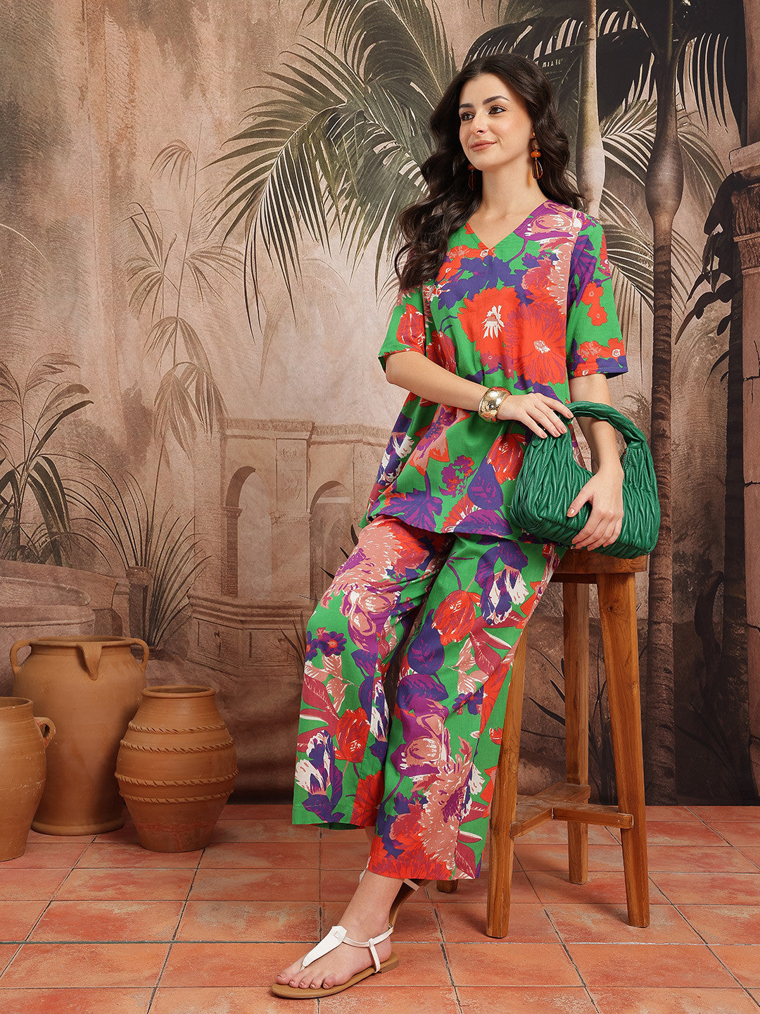 Floral Printed Regular Pure Cotton Kurti with Palazzos