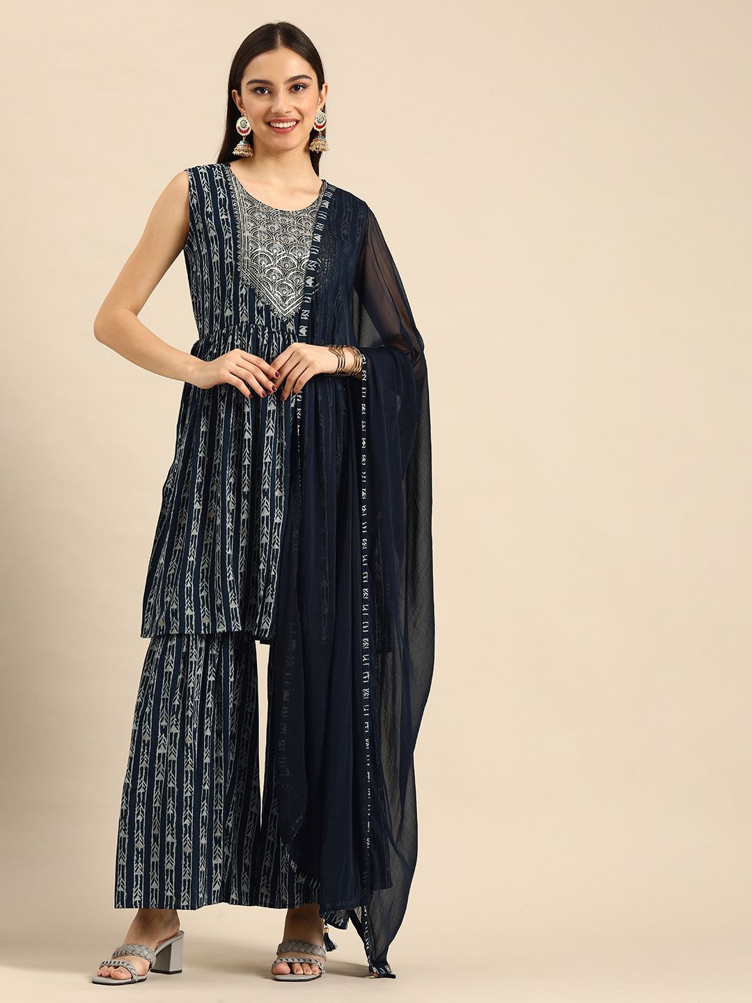 Dhiyona AN Women Navy Blue Ethnic Motifs Printed Sequinned Kurta with Sharara & Dupatta