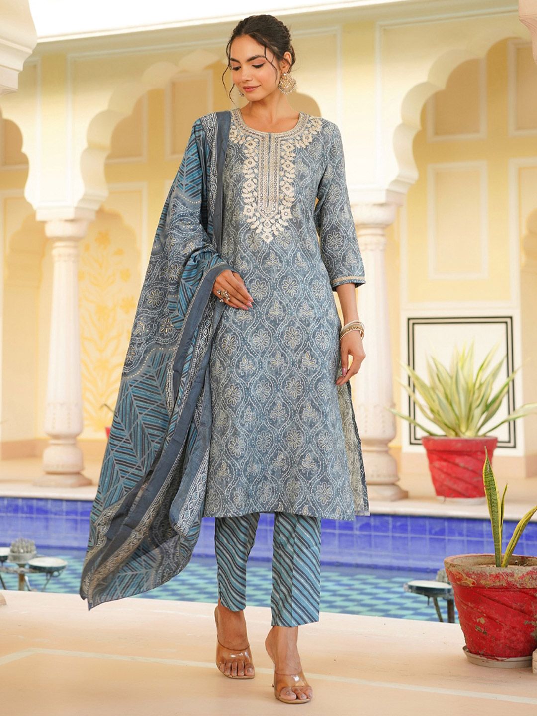 Dhiyona KL Women Ethnic Motifs Embroidered Regular Mirror Work Kurta with Trousers & Dupatta