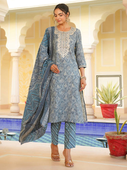 Dhiyona KL Women Ethnic Motifs Embroidered Regular Mirror Work Kurta with Trousers & Dupatta