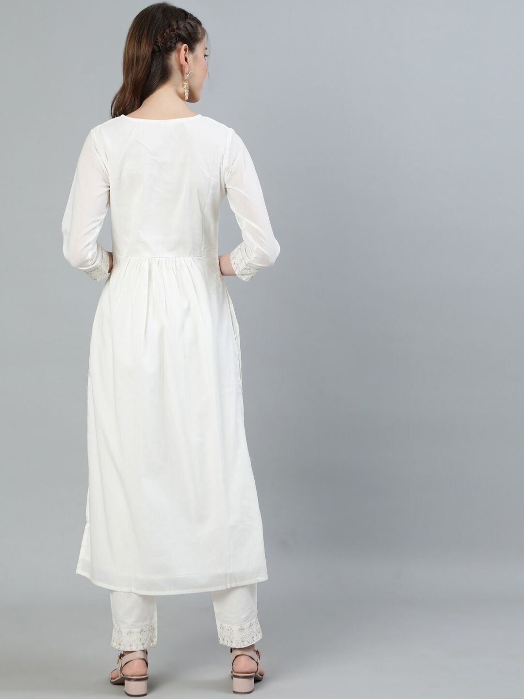 Dhiyona IS Women's Women Off White Ethnic Motifs Embroidered Pure Cotton Kurta with Trousers