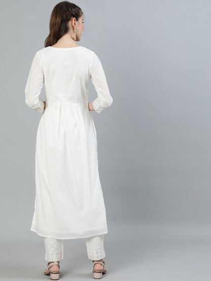 Dhiyona IS Women's Women Off White Ethnic Motifs Embroidered Pure Cotton Kurta with Trousers