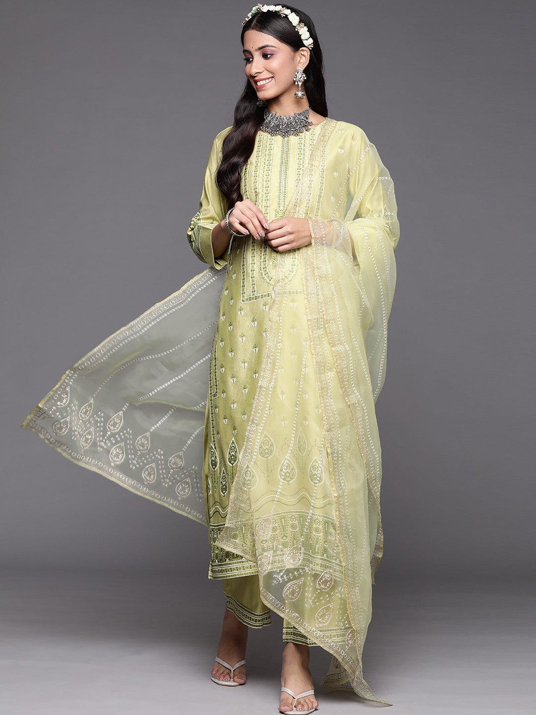 Women Green Floral Printed Liva Kurta with Palazzos & With Dupatta