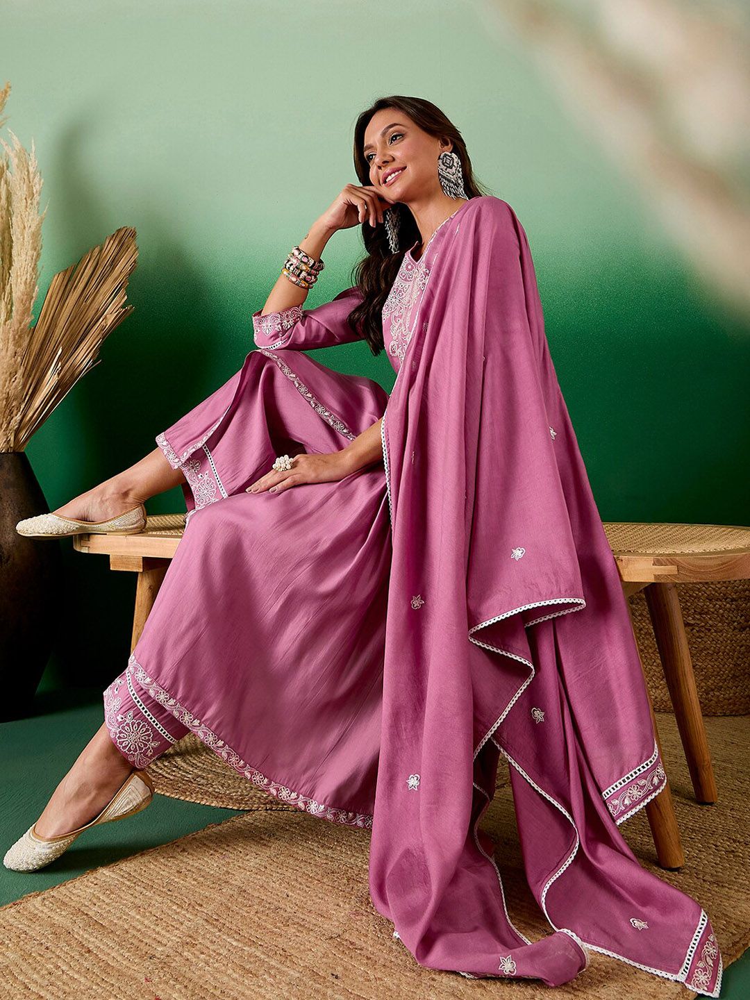 Dhiyona SN Embroidered Sequined A-Line Kurta With Palazzos & Dupatta
