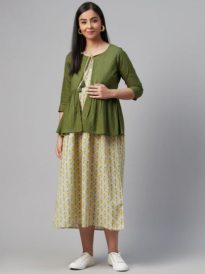 Dhiyona AY Women's Green & Yellow Printed A-Line Layered Maternity Dress