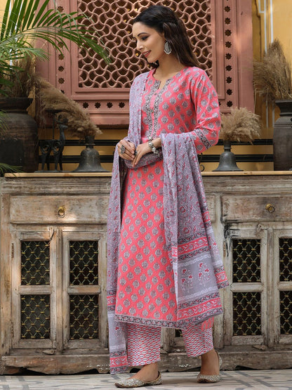 Dhiyona RR Women's Ethnic Printed Pure Cotton Kurta with Trousers & Dupatta