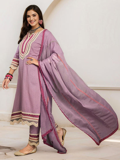 Dhiyona IS Women's Embroidered Straight Mirror Work Pure Cotton Kurta with Trousers & Dupatta