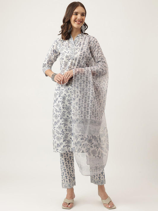 Dhiyona KL Floral Printed Cotton Gotta Patti Straight Kurta & Trousers With Dupatta