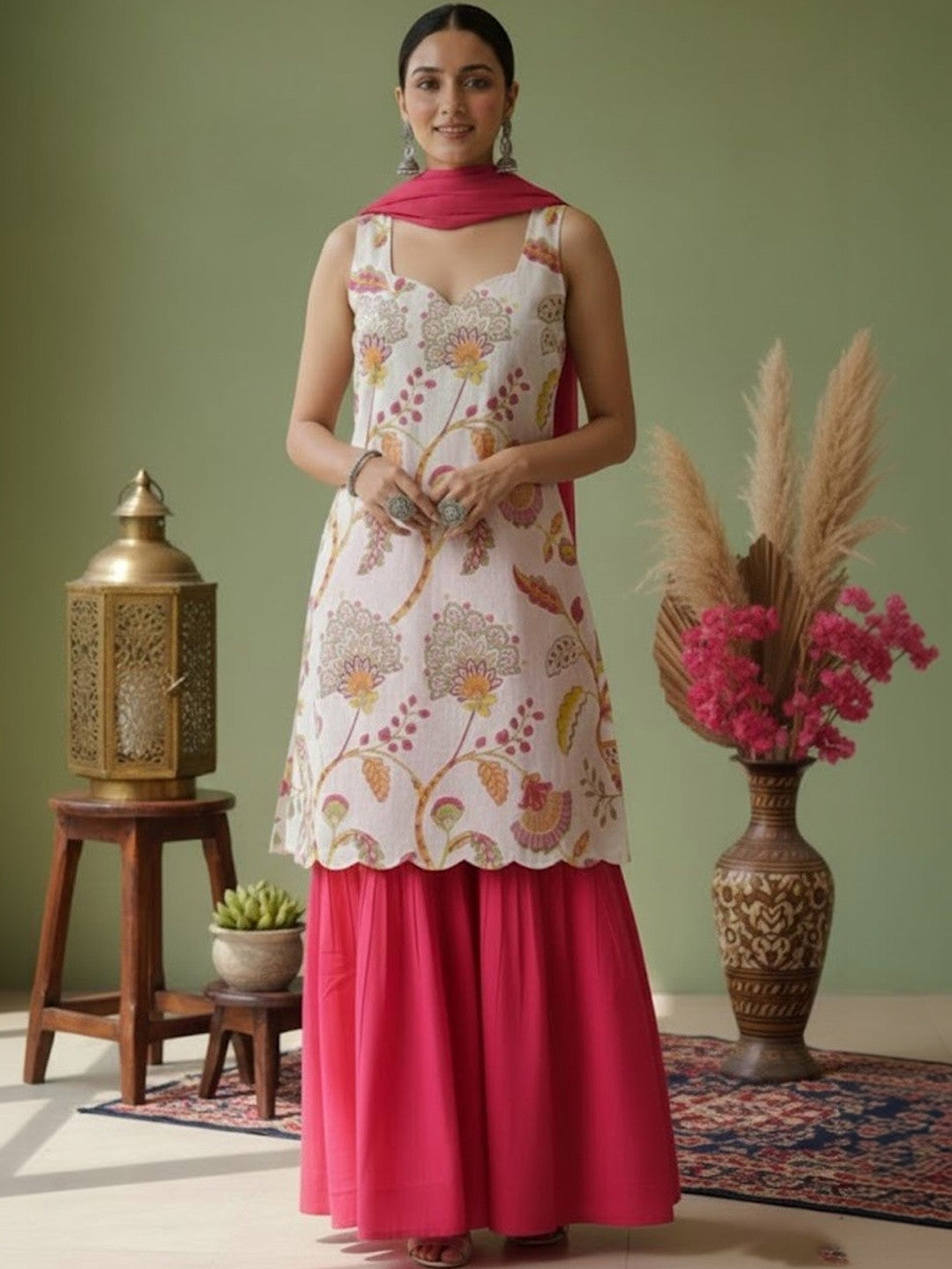 Printed Pure Cotton Sweetheart Neck Kurta & Sharara With Dupatta