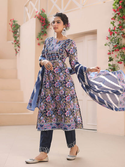 Dhiyona RR Women's Floral Printed Regular Pure Cotton Kurta with Trousers & With Dupatta