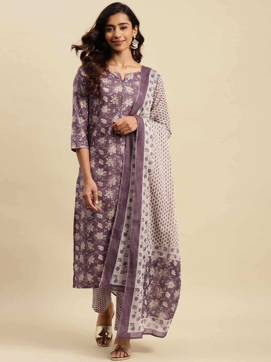 Dhiyona SN Maroon Floral Printed Pure Cotton Kurta With Trouser & Dupatta