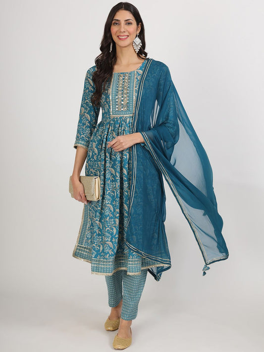 Dhiyona KL Floral Printed Beads and Stones Pure Cotton Kurta & Trousers With Dupatta