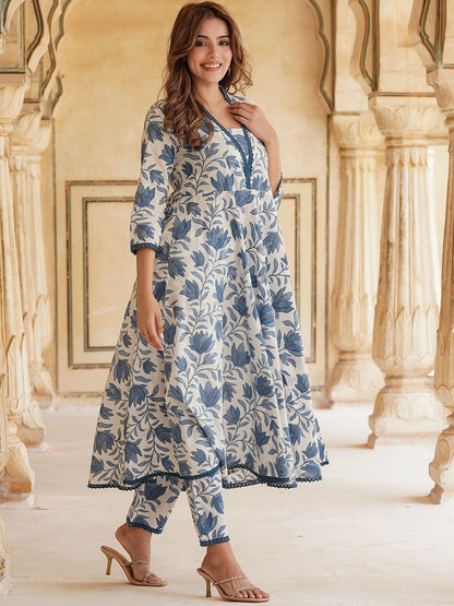 Dhiyona KL Floral Printed Square Neck Pure Cotton Anarkali Kurta with Trousers & Dupatta
