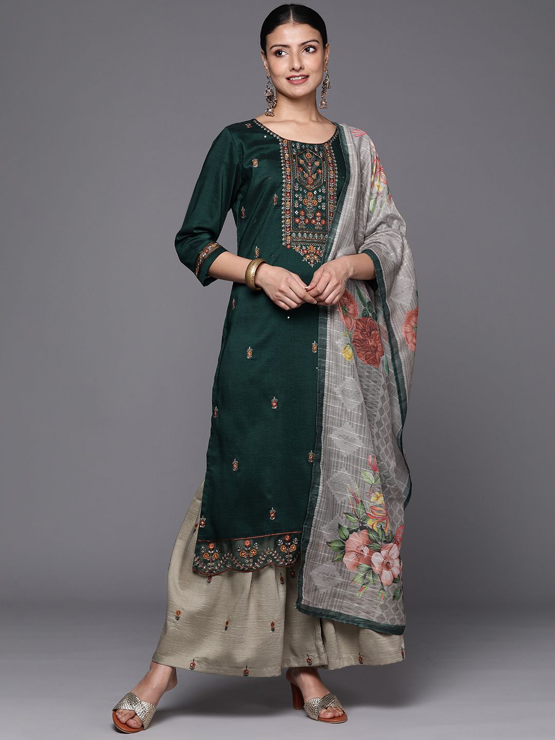 Dhiyona VA Floral Yoke Design Thread Work Kurta with Sharara & With Dupatta