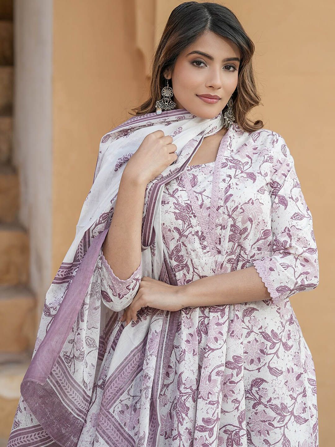 Dhiyona KL Floral Printed V-Neck Thread Work Anarkali Cotton Kurta with Trousers & Dupatta