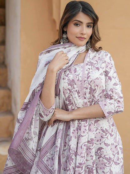 Dhiyona KL Floral Printed V-Neck Thread Work Anarkali Cotton Kurta with Trousers & Dupatta