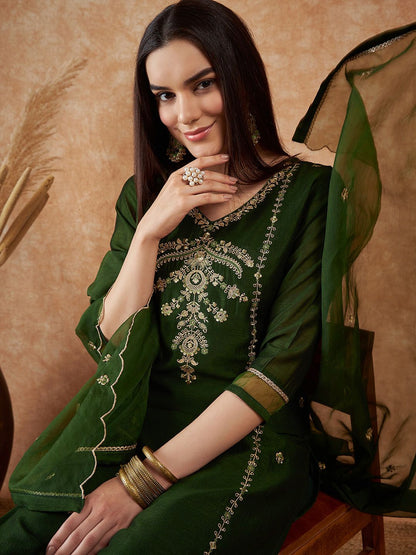 Dhiyona SN Women's Floral Embroidered V-Neck Sequinned Straight Kurta With Trousers & Dupatta