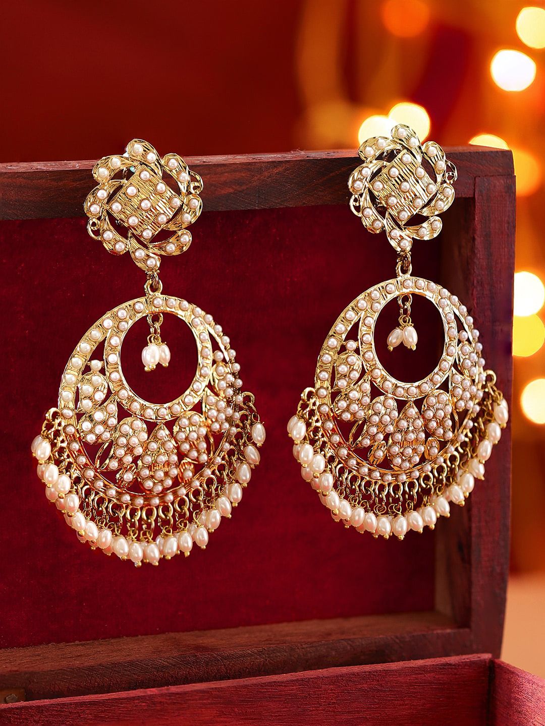 Dhiyona RJ Women's 22K Gold Plated Handcrafted Pearl Beads Traditional Big Chandbali Earrings