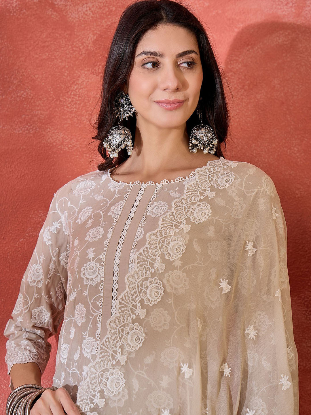 Women Floral Embroidered Cotton Kurta with Palazzo & Dupatta