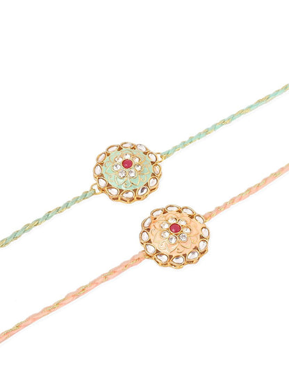 Dhiyona Men Set Of 2 Peach & Green Kundan Studded Round Floral Design Rakhi With Roli Chawal