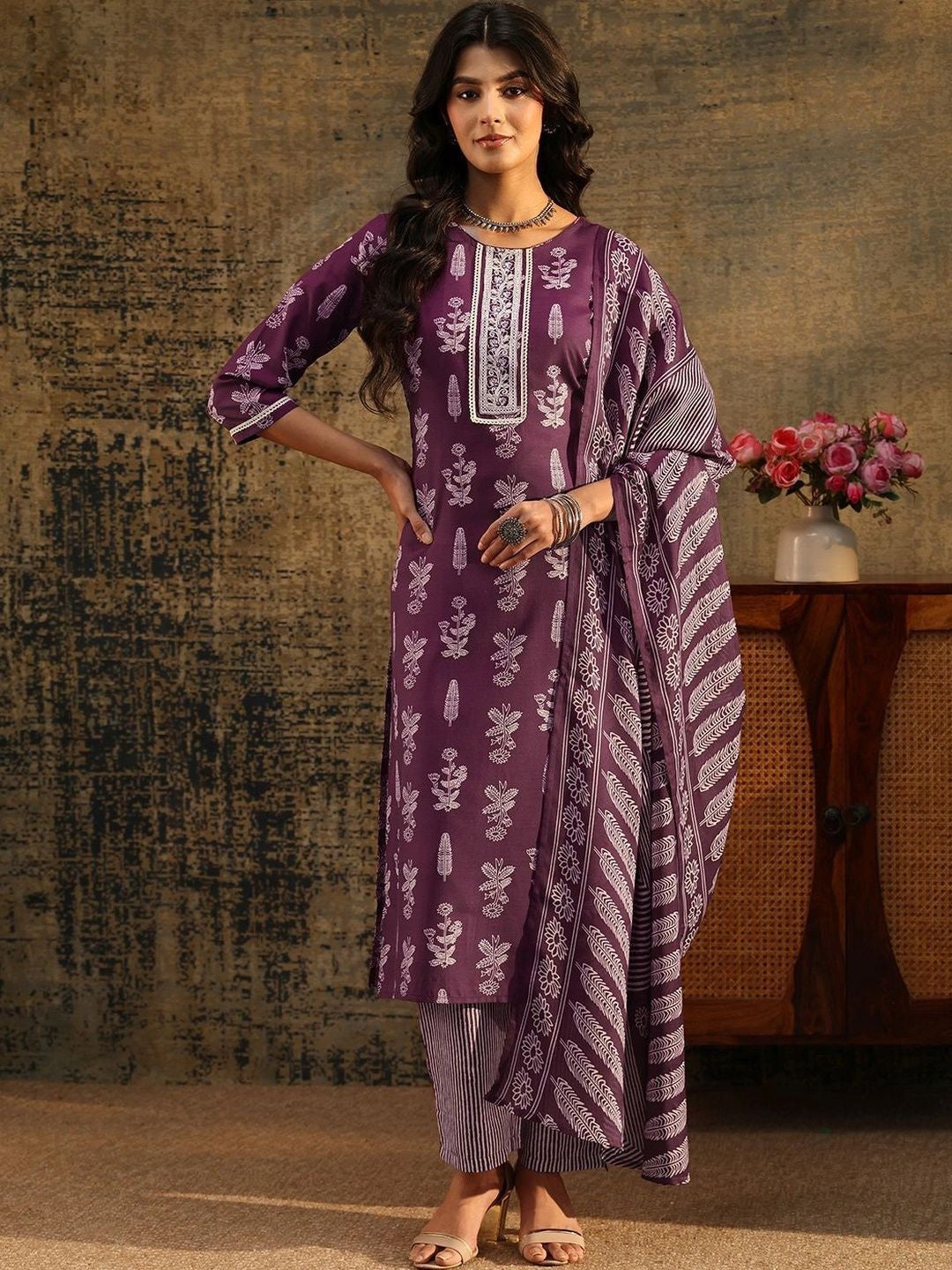 Burgundy Floral Printed Cotton Blend Straight Suit Set