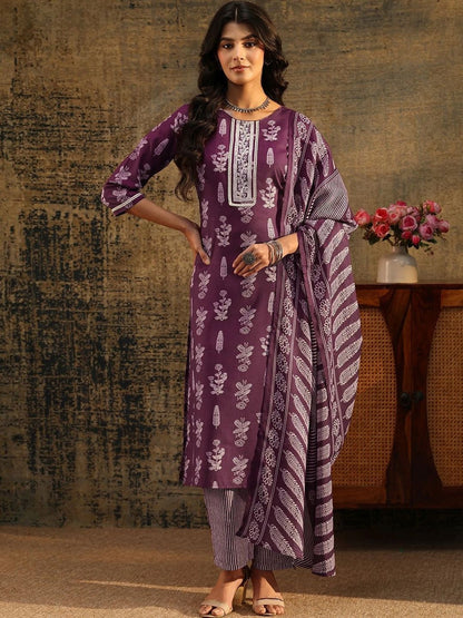 Burgundy Floral Printed Cotton Blend Straight Suit Set
