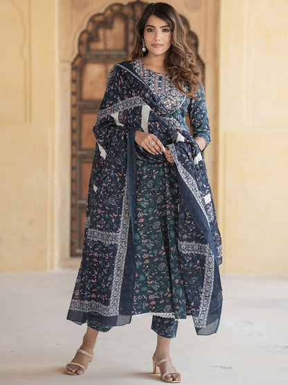 Dhiyona KL Floral Embroidered Thread Work Pure Cotton Anarkali Kurta With Trousers & Dupatta