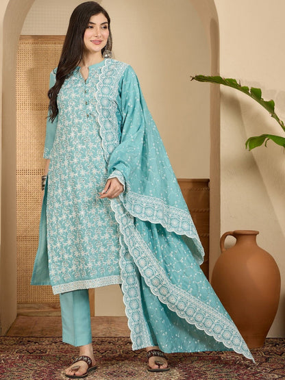 Women Ethnic Motifs Embroidered Thread Work Kurta with Trousers & Dupatta
