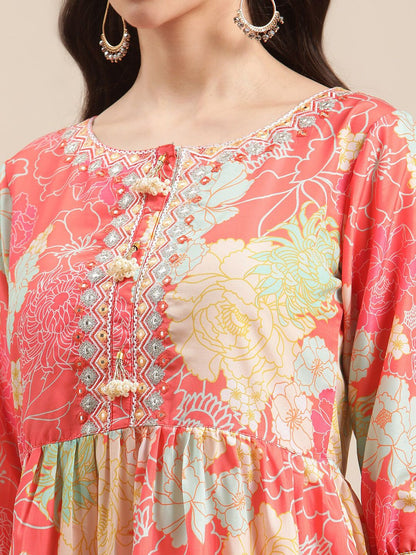 Dhiyona VA Women's Coral Floral Printed Empire Kurta with Sharara & With Dupatta