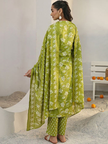 Libas Green Floral Printed Cotton Blend Straight Suit Set With Dupatta