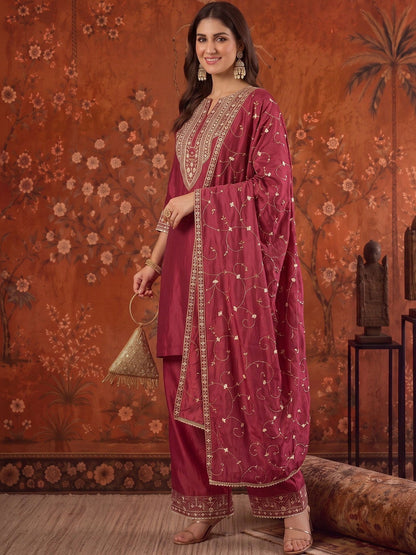 Embroidered Round Neck Kurta & Palazzos With Dupatta